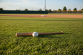 Baseball bat and ball on a grass field