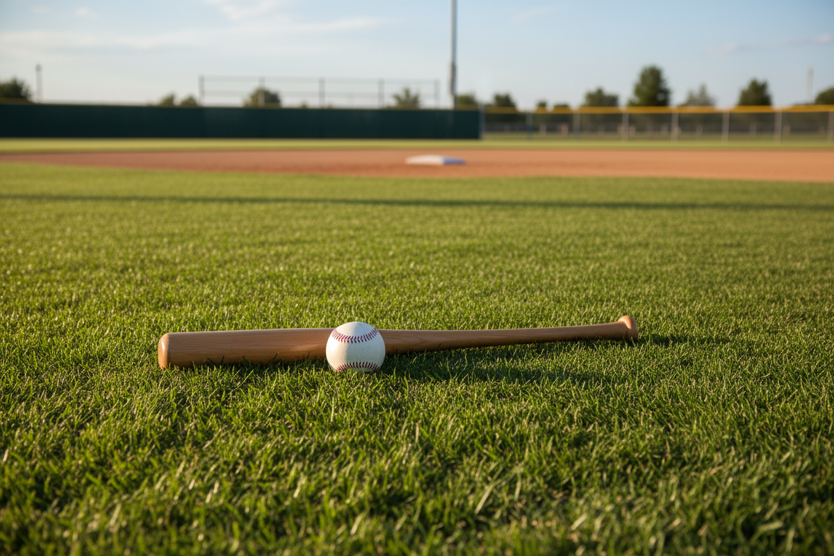 Baseball bat and ball on a grass field