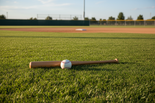 Baseball bat and ball on a grass field