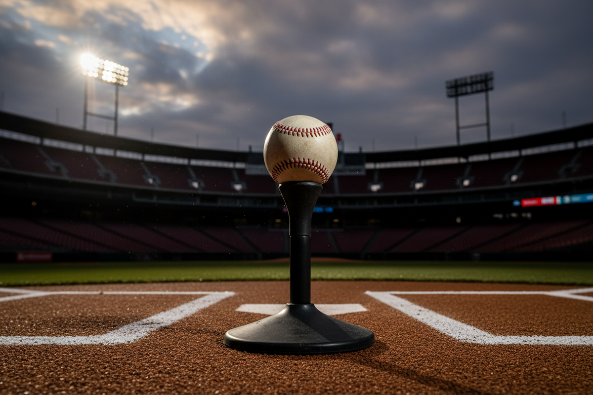 Baseball on a batting tee on a baseball field