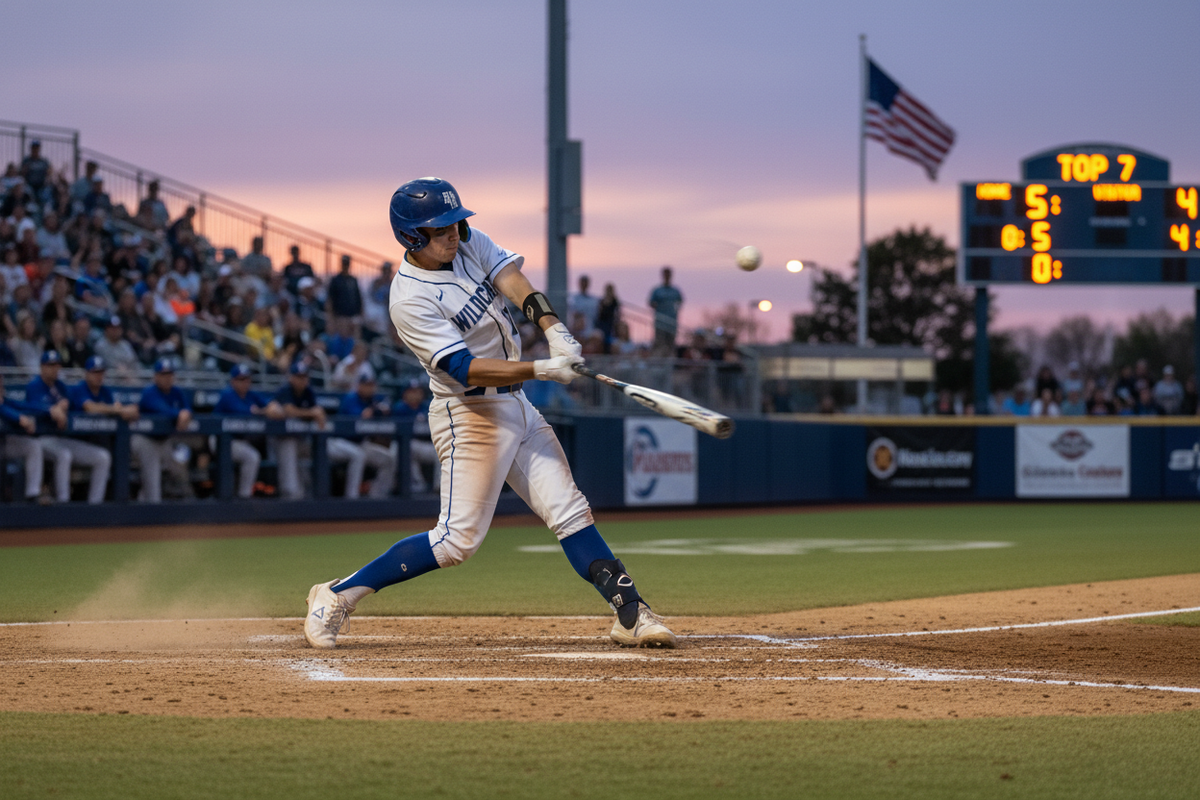 College baseball player hitting a baseball