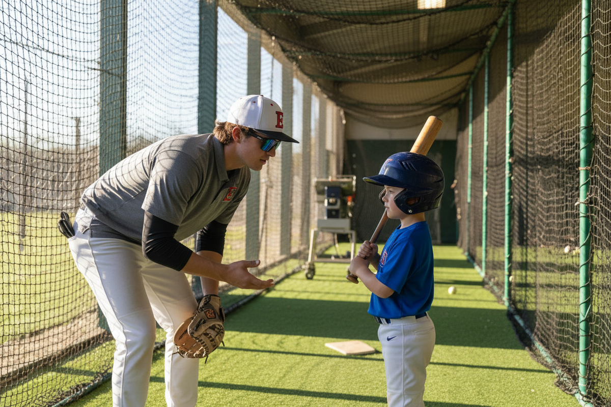 Coach talking to a young player in a batting cage